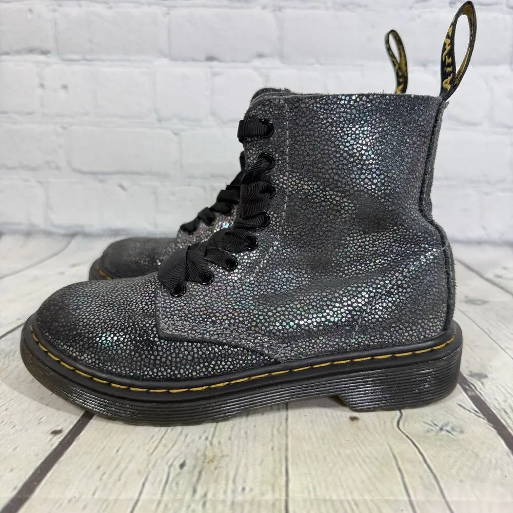 Dr Martens Combat Boots Girls Kids Size 13 Black Shine Lace Up Platform Shoes